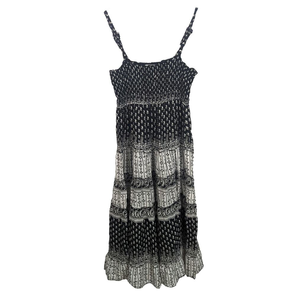 Vintage Keren Hart Smocked Cotton Tiered Midi Dress Black White Ditsy Print M